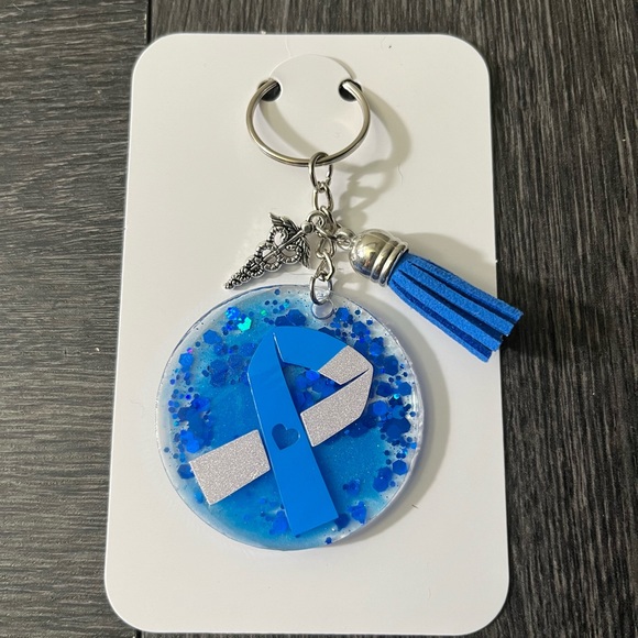 Hand crafted blue diabetic ribbon keychain - Picture 2 of 3